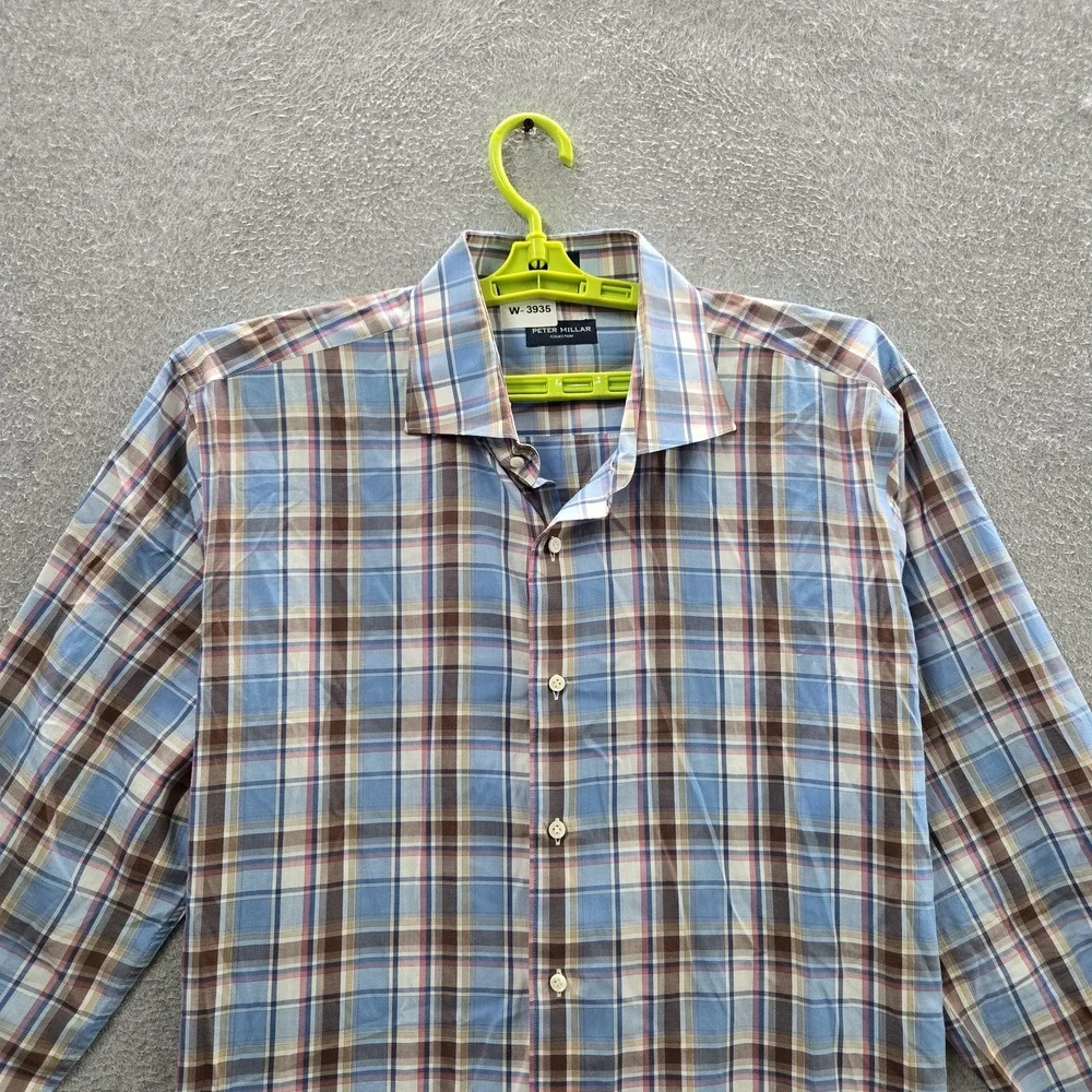 Peter Millar Men Button Up Shirt EXTRA LARGE Blue Madras Plaid Dress Shirt